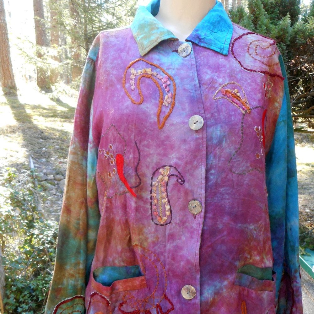 Parsley & Sage Shirt/Jacket. Pink Green Embroidered Art, Tie Dye, Hippie! M